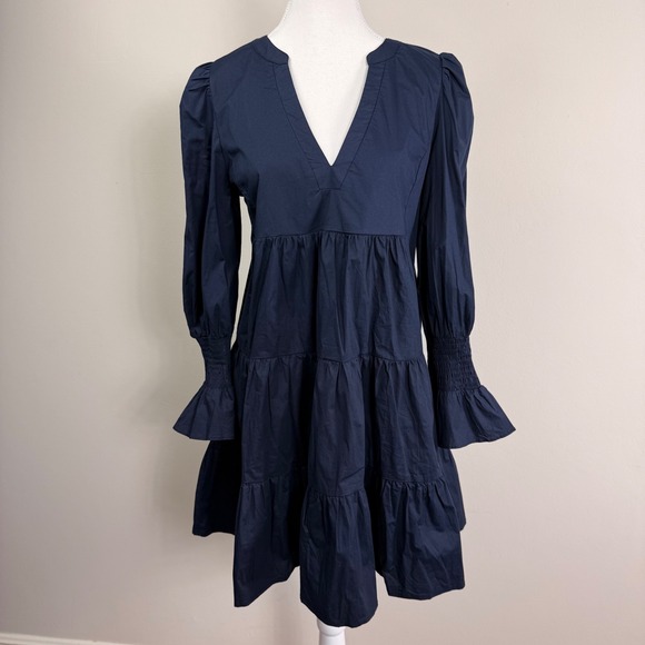 Pomander Place Kenzo Poplin Mini Dress Navy Blue Cotton Smocked Puff Sleeve Med. - Picture 2 of 8